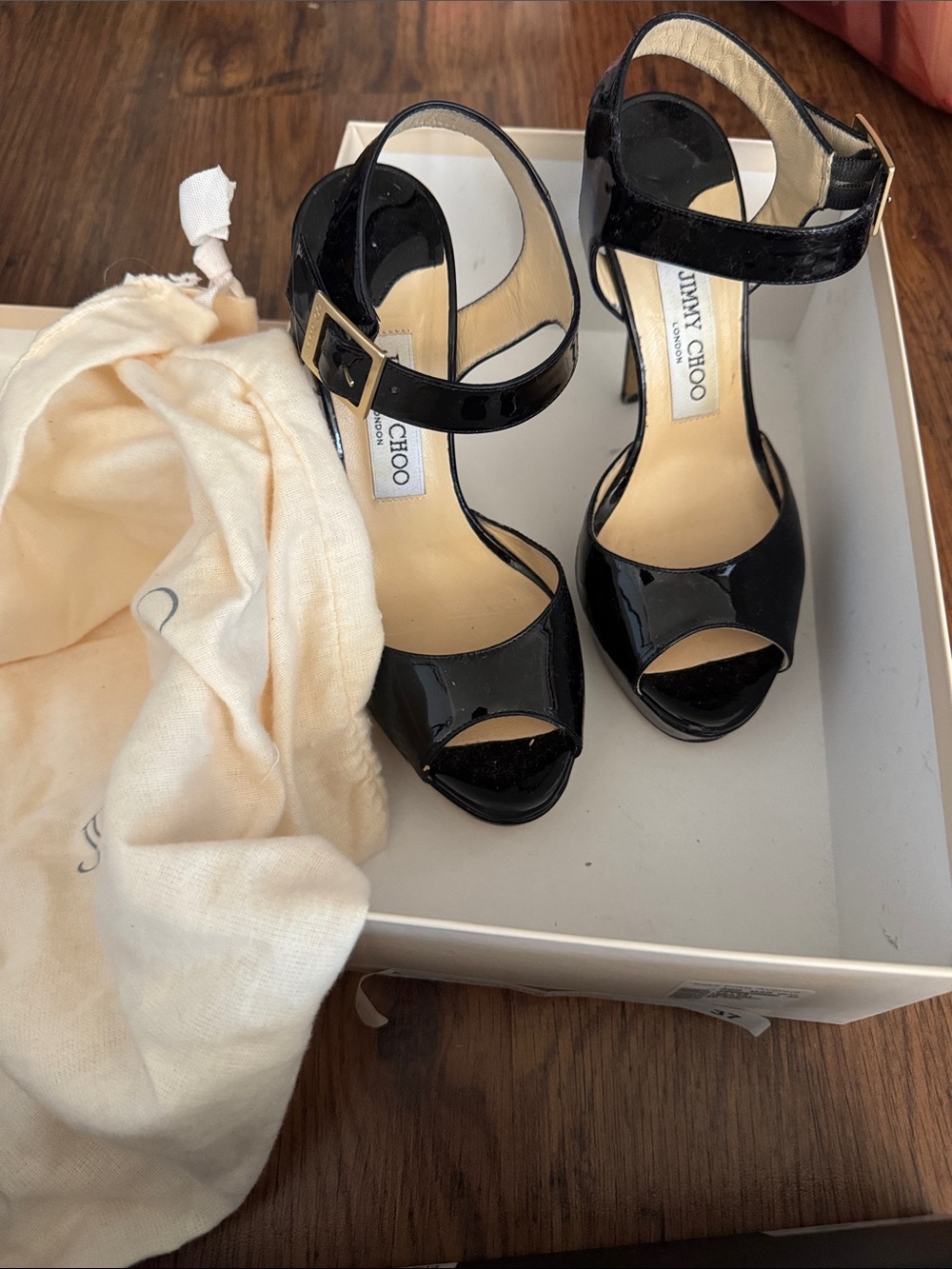 Jimmy Choo Black Patent Leather Peep-Toe Ankle-Strap Heels